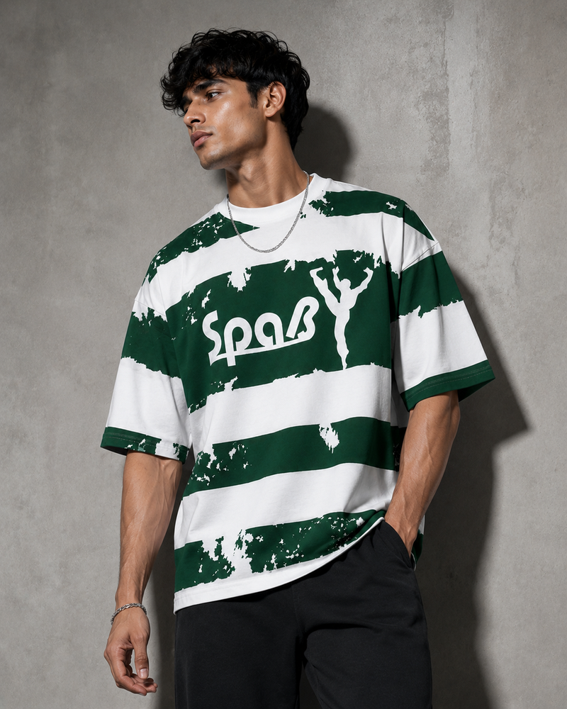 Forest Green Striped Graphic Oversized T-Shirt for Men