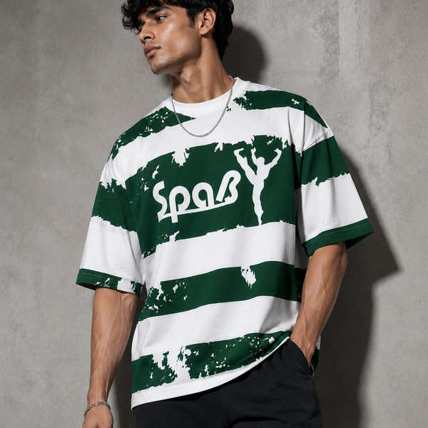 Forest Green Striped Graphic Oversized T-Shirt for Men