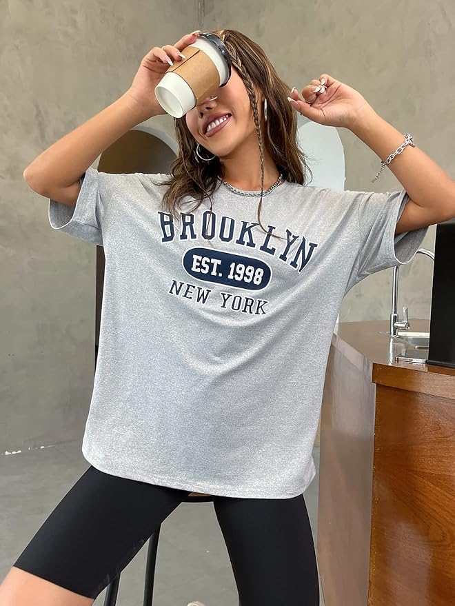Grey Pure Cotton Round Neck Regular Fit Printed T-Shirt For Women