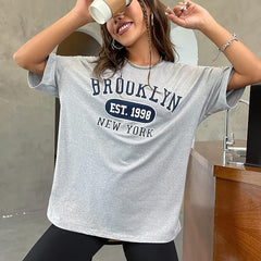 Grey Pure Cotton Round Neck Regular Fit Printed T-Shirt For Women