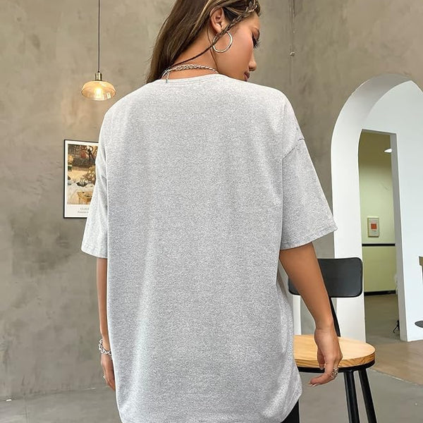Grey Pure Cotton Round Neck Regular Fit Printed T-Shirt For Women
