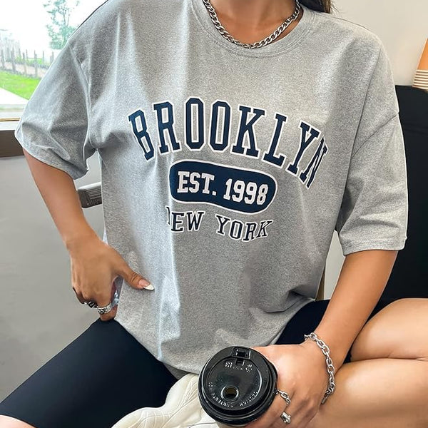 Grey Pure Cotton Round Neck Regular Fit Printed T-Shirt For Women