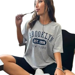 Grey Pure Cotton Round Neck Regular Fit Printed T-Shirt For Women