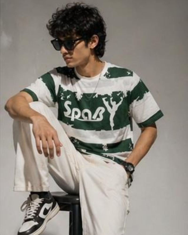 Forest Green Striped Graphic Oversized T-Shirt for Men