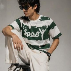 Forest Green Striped Graphic Oversized T-Shirt for Men