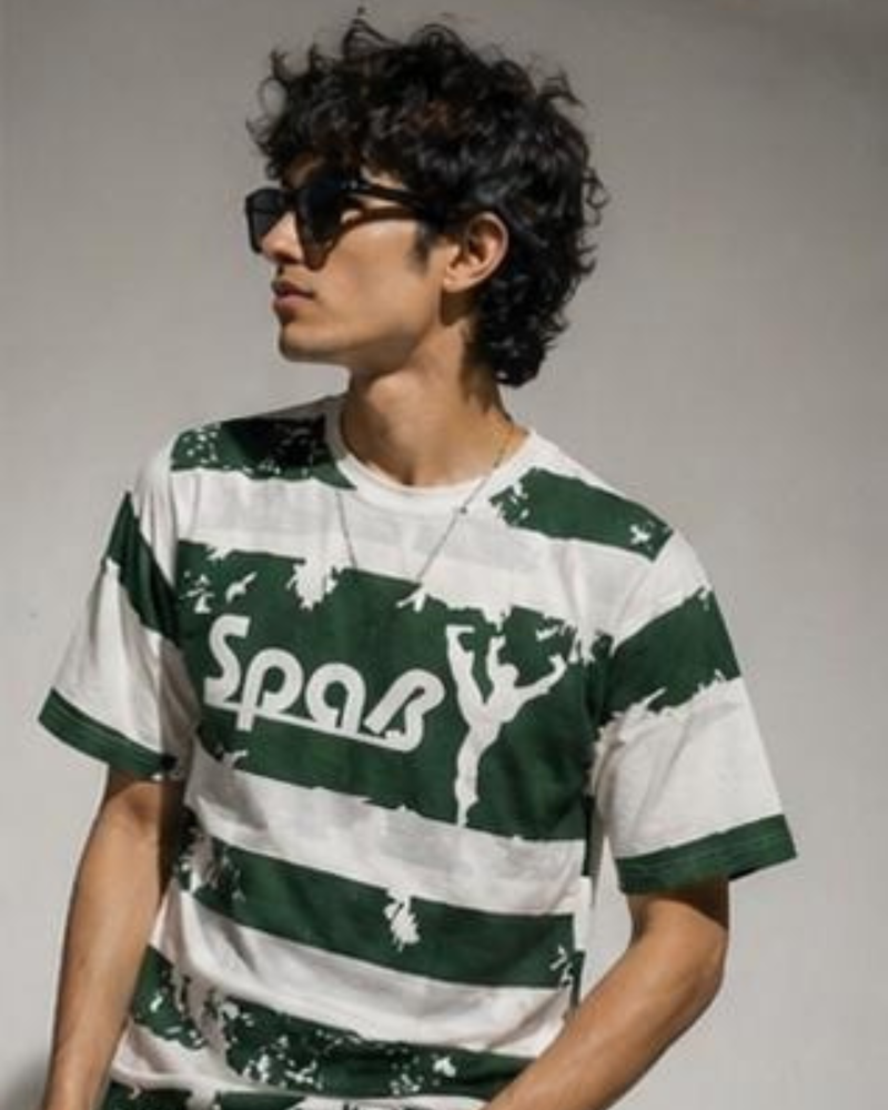 Forest Green Striped Graphic Oversized T-Shirt for Men