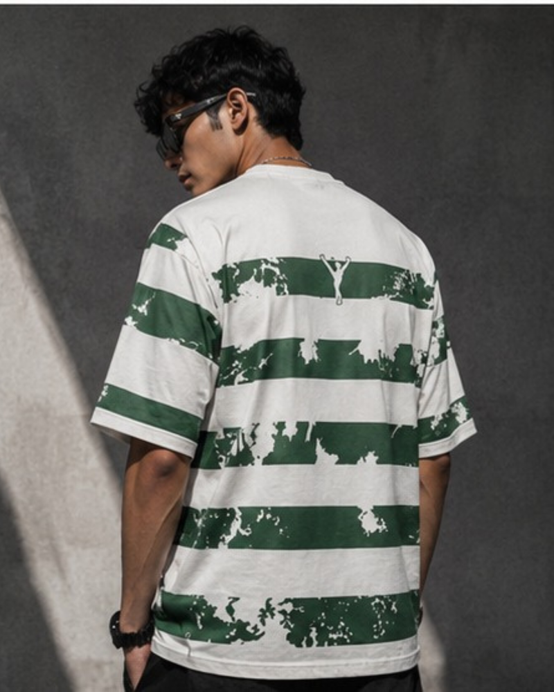 Forest Green Striped Graphic Oversized T-Shirt for Men