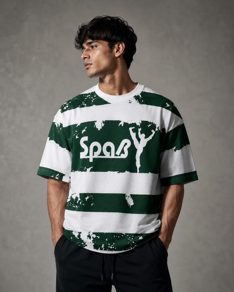 Forest Green Striped Graphic Oversized T-Shirt for Men