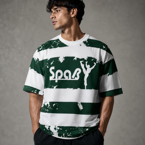 Forest Green Striped Graphic Oversized T-Shirt for Men