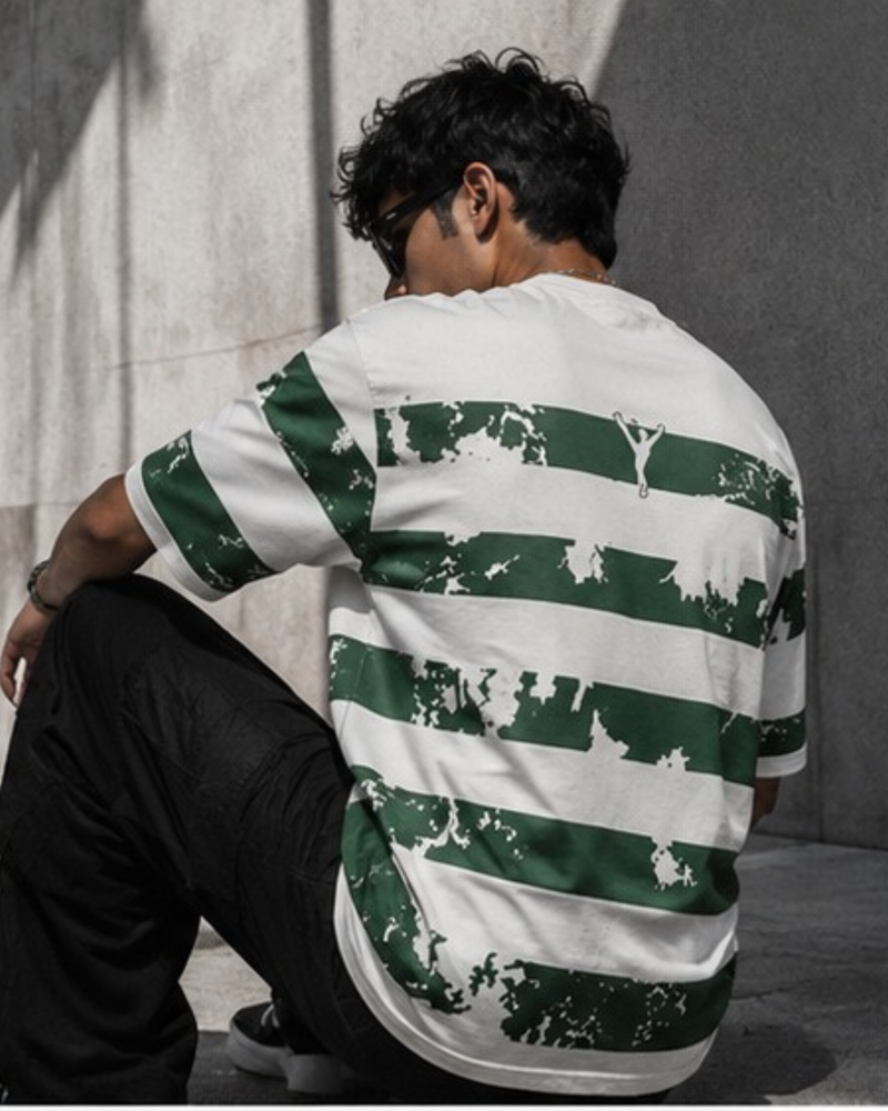 Forest Green Striped Graphic Oversized T-Shirt for Men