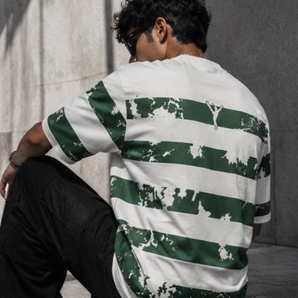 Forest Green Striped Graphic Oversized T-Shirt for Men