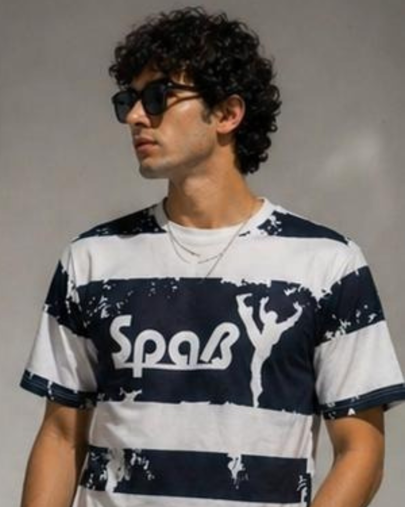 Navy Blue Striped Graphic Oversized T-Shirt for Men