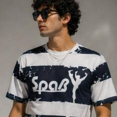 Navy Blue Striped Graphic Oversized T-Shirt for Men