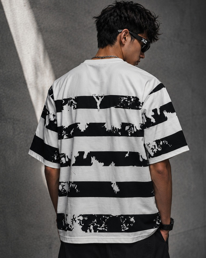 Navy Blue Striped Graphic Oversized T-Shirt for Men