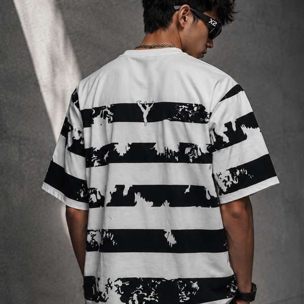 Navy Blue Striped Graphic Oversized T-Shirt for Men