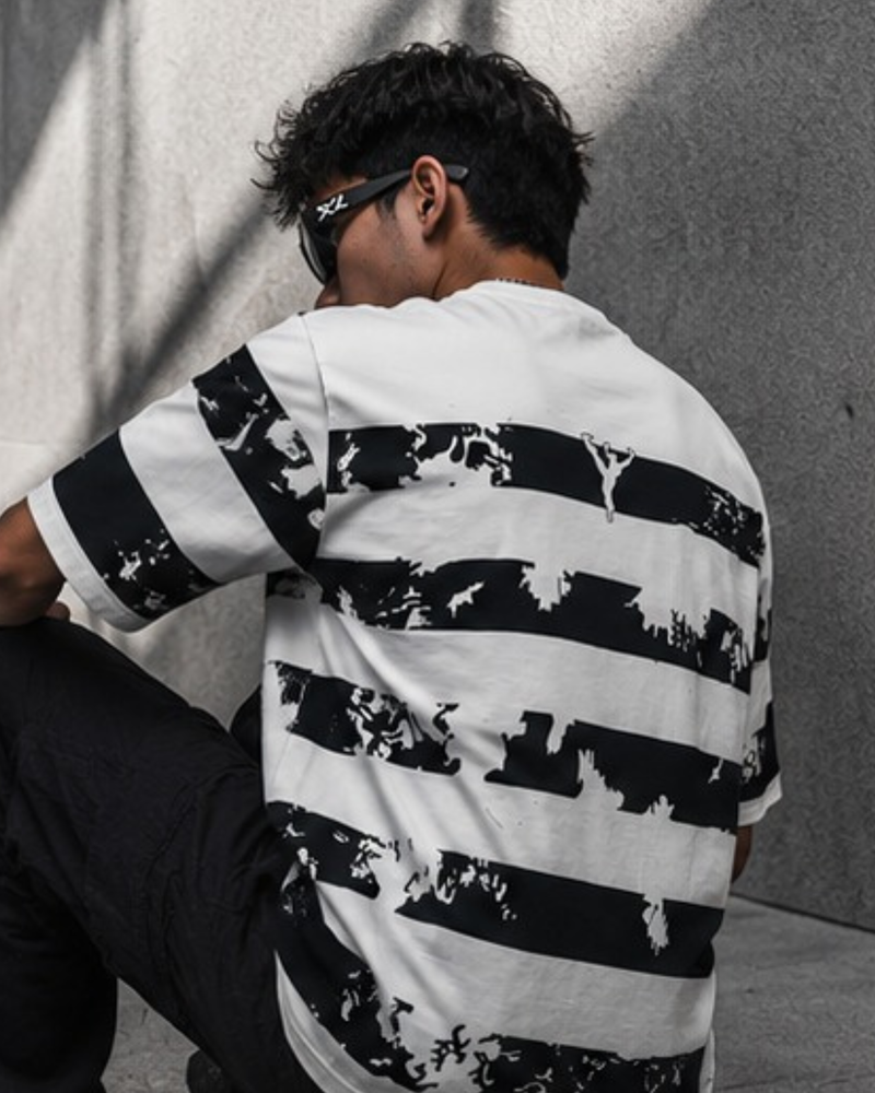 Navy Blue Striped Graphic Oversized T-Shirt for Men