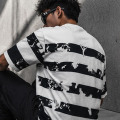 Navy Blue Striped Graphic Oversized T-Shirt for Men