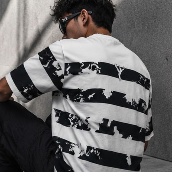 Navy Blue Striped Graphic Oversized T-Shirt for Men