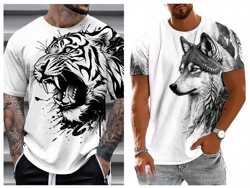 Pack Of 2 White & Black Printed Cotton Casual T-Shirt For Men