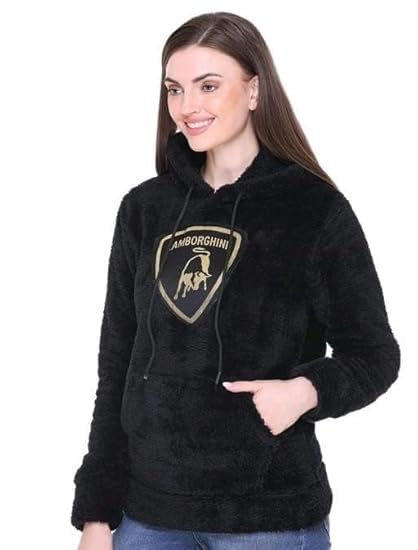 Black Woolen Full Sleeves Regular Fit Printed Hoodie For Women