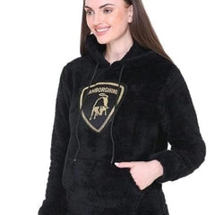 Black Woolen Full Sleeves Regular Fit Printed Hoodie For Women