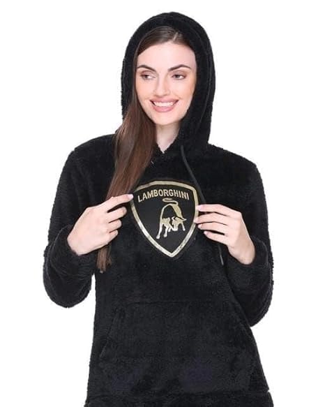 Black Woolen Full Sleeves Regular Fit Printed Hoodie For Women