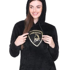 Black Woolen Full Sleeves Regular Fit Printed Hoodie For Women