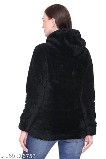 Black Woolen Full Sleeves Regular Fit Printed Hoodie For Women