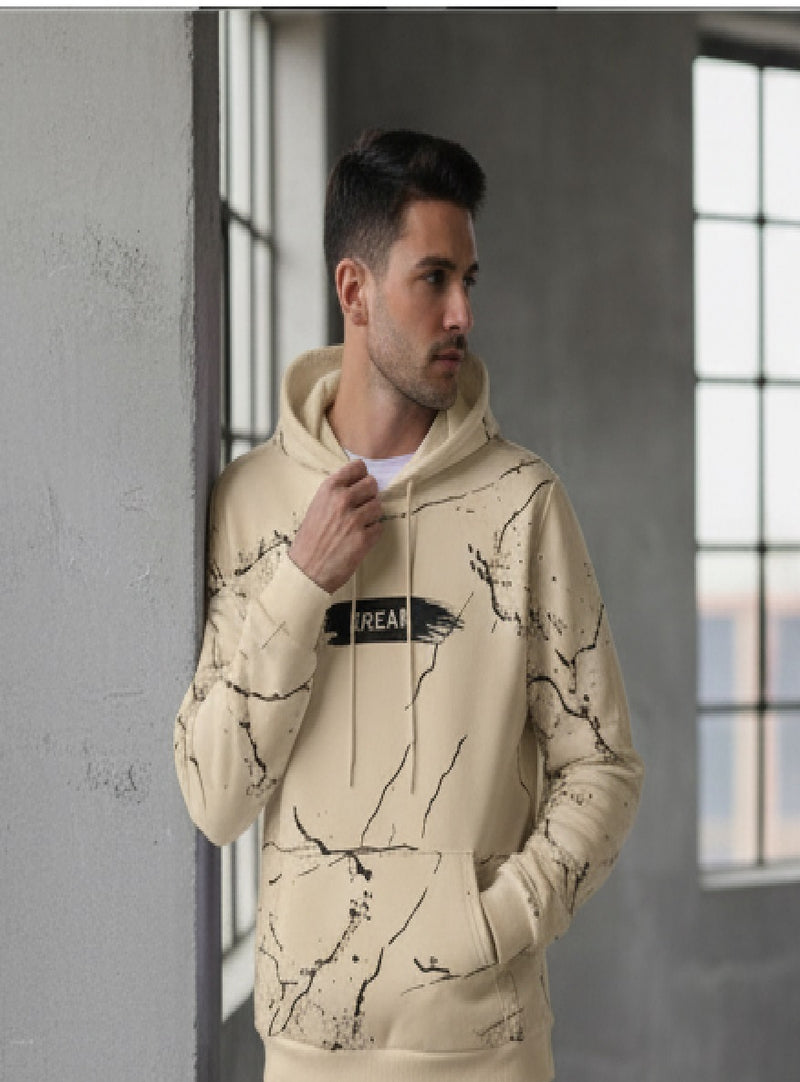 SPAB MENS ALL OVER PRINTED HOODED NECK FULL SLEEVE BEIGE SWEATSHIRT