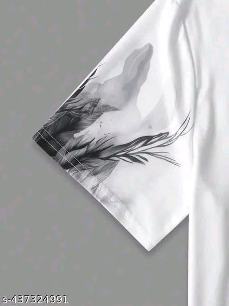 White & Black Cotton Printed Casual T-Shirt For Men