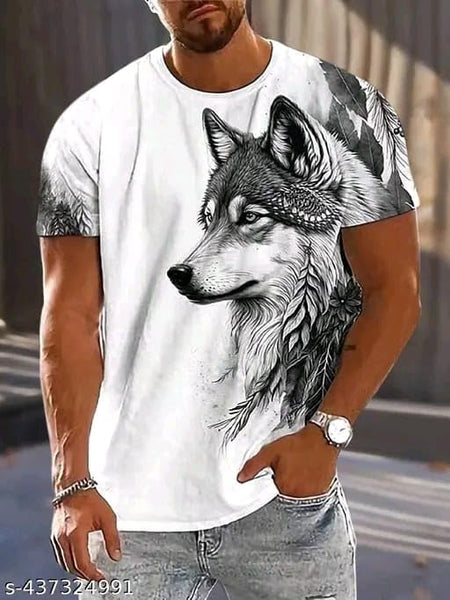 White & Black Cotton Printed Casual T-Shirt For Men