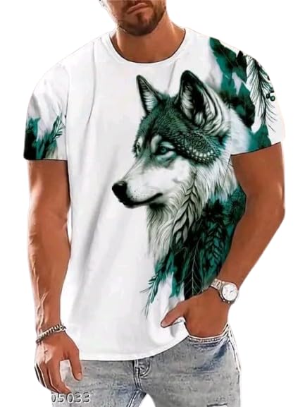 White & Green Cotton Printed Casual T-Shirt For Men