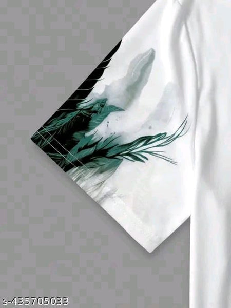 White & Green Cotton Printed Casual T-Shirt For Men