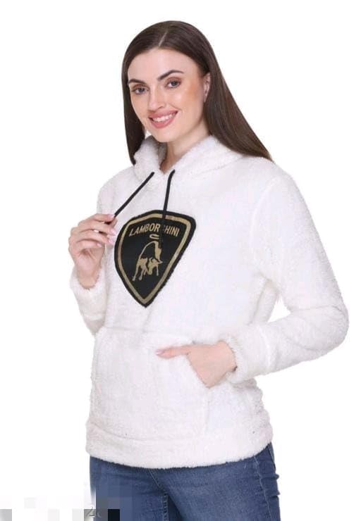 White Woolen Full Sleeves Regular Fit Printed Hoodie For Women