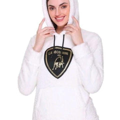 White Woolen Full Sleeves Regular Fit Printed Hoodie For Women