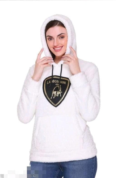 White Woolen Full Sleeves Regular Fit Printed Hoodie For Women