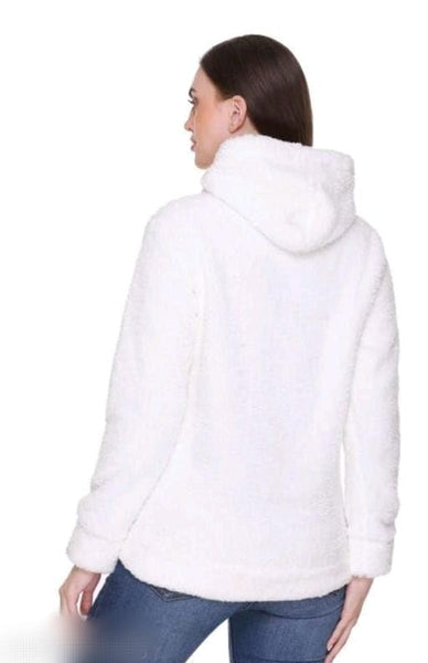 White Woolen Full Sleeves Regular Fit Printed Hoodie For Women