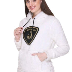 White Woolen Full Sleeves Regular Fit Printed Hoodie For Women