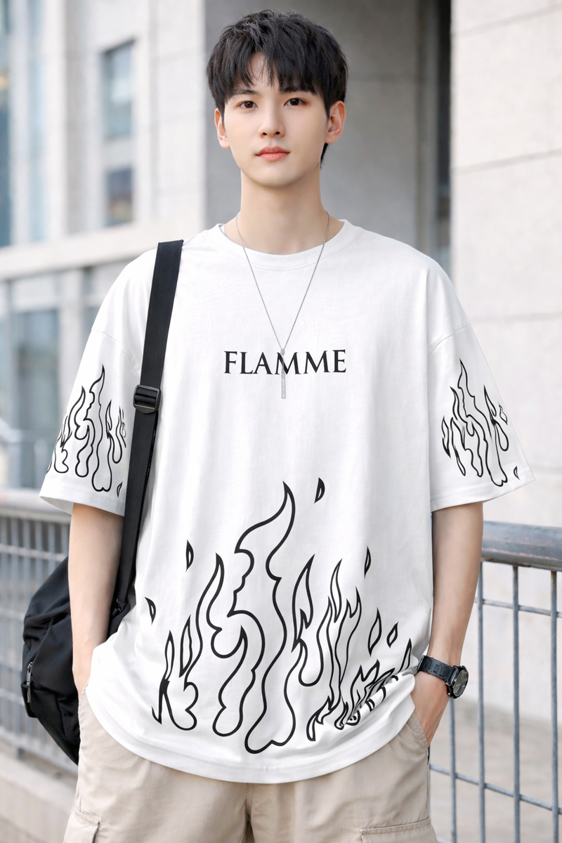 FLAMME PRINTING, COTTON T SHIRT HALF SLEEVE DOWN SHOULDER regular tshirt , stylish tshirt ,round neck tshirt