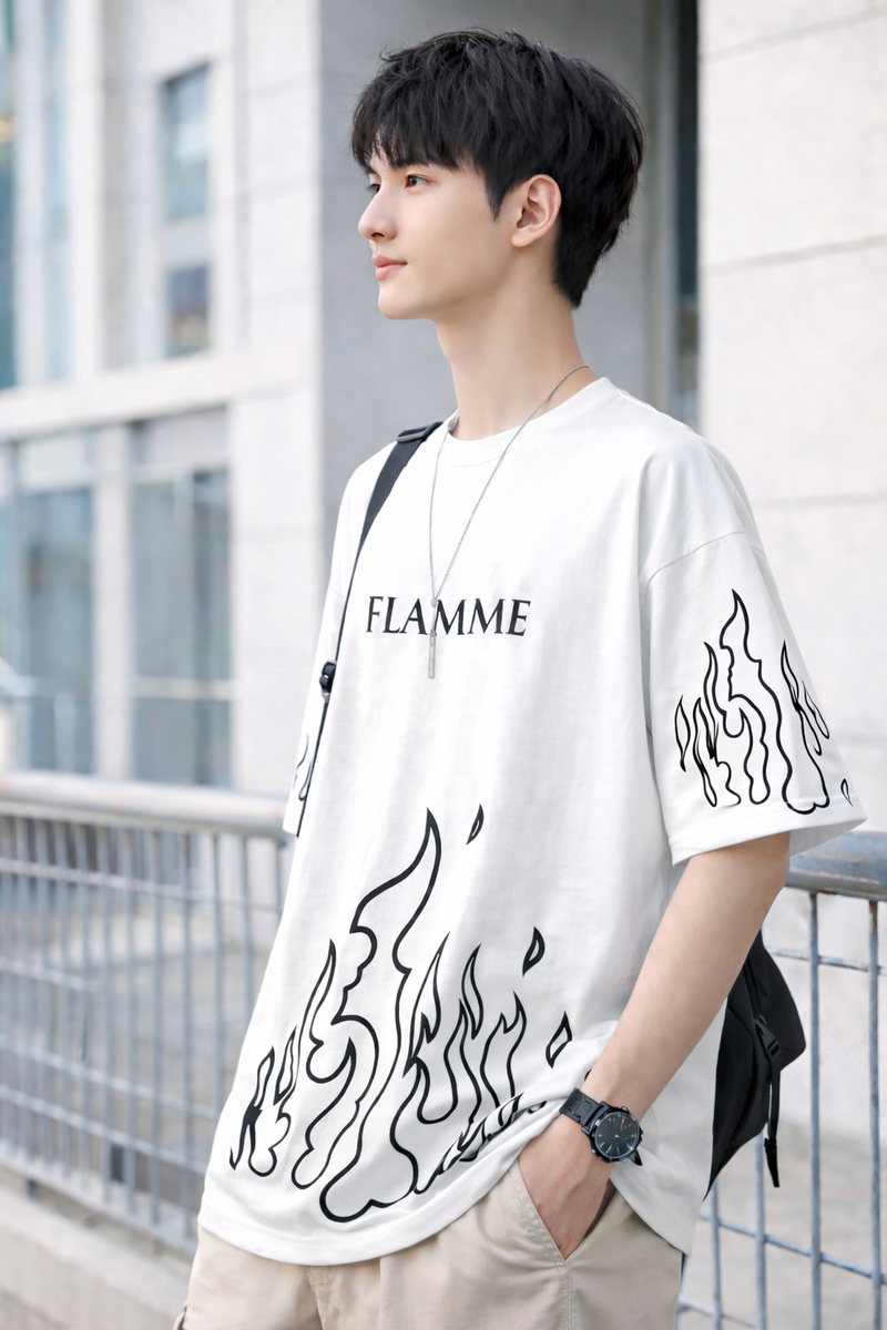FLAMME PRINTING, COTTON T SHIRT HALF SLEEVE DOWN SHOULDER regular tshirt , stylish tshirt ,round neck tshirt