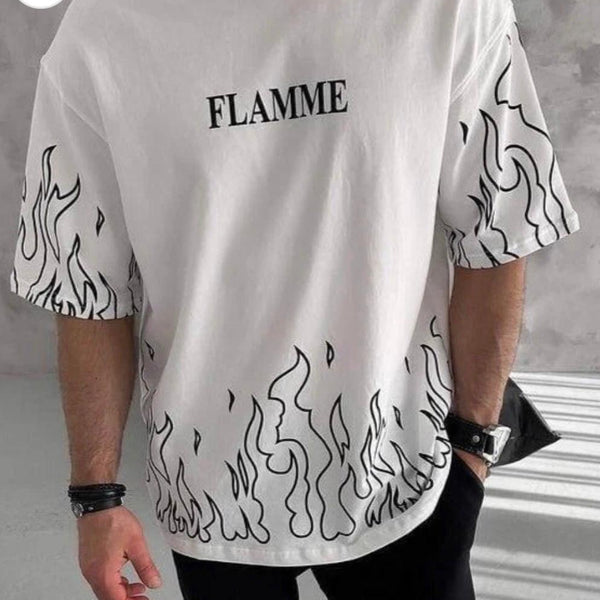 FLAMME PRINTING, COTTON T SHIRT HALF SLEEVE DOWN SHOULDER regular tshirt , stylish tshirt ,round neck tshirt