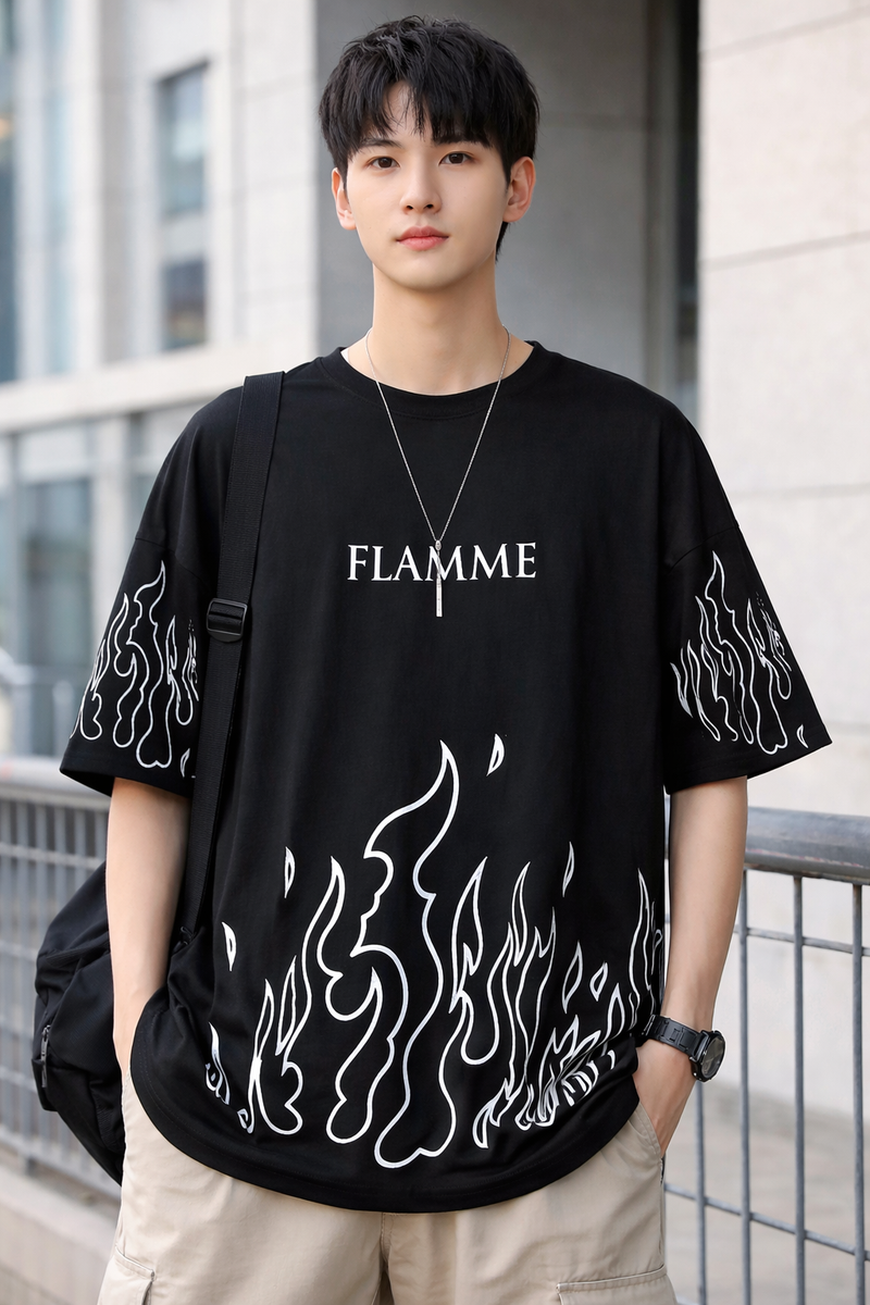 FLAMME PRINTING, COTTON T SHIRT HALF SLEEVE DOWN SHOULDER regular tshirt , stylish tshirt ,round neck tshirt