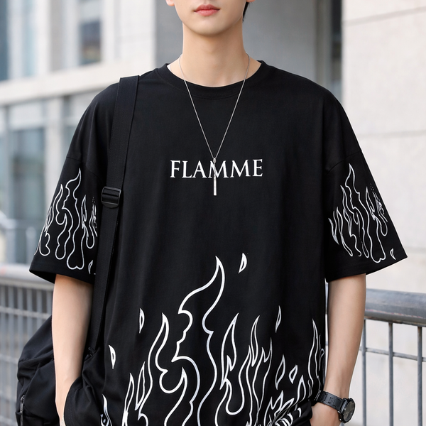 FLAMME PRINTING, COTTON T SHIRT HALF SLEEVE DOWN SHOULDER regular tshirt , stylish tshirt ,round neck tshirt