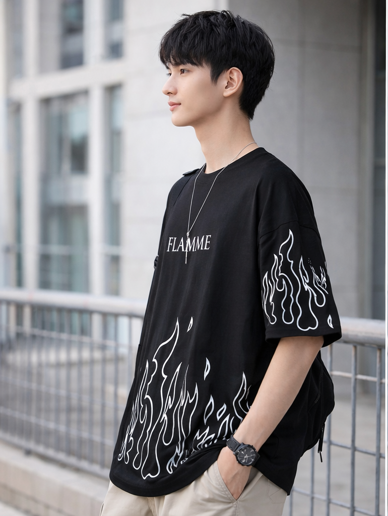FLAMME PRINTING, COTTON T SHIRT HALF SLEEVE DOWN SHOULDER regular tshirt , stylish tshirt ,round neck tshirt