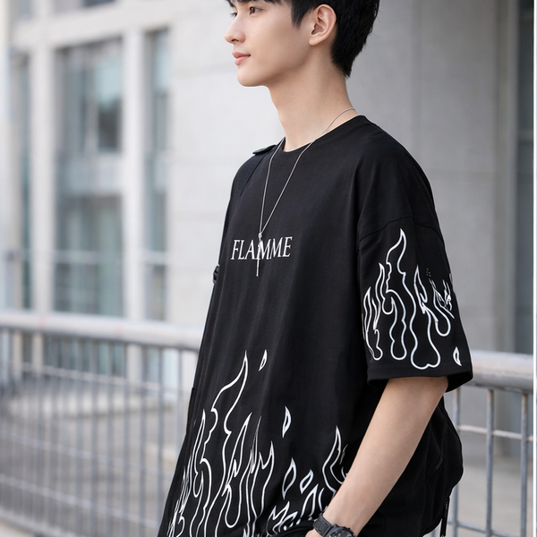 FLAMME PRINTING, COTTON T SHIRT HALF SLEEVE DOWN SHOULDER regular tshirt , stylish tshirt ,round neck tshirt