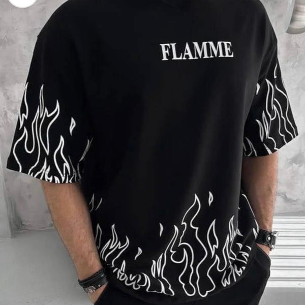 FLAMME PRINTING, COTTON T SHIRT HALF SLEEVE DOWN SHOULDER regular tshirt , stylish tshirt ,round neck tshirt