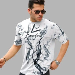 White & Black Cotton Printed Casual T-Shirt For Men