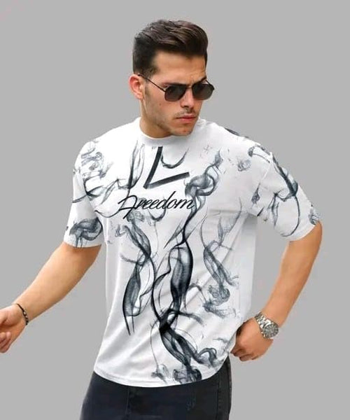 White & Black Cotton Printed Casual T-Shirt For Men