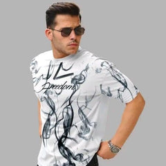 White & Black Cotton Printed Casual T-Shirt For Men