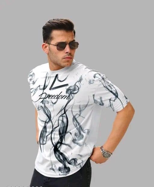 White & Black Cotton Printed Casual T-Shirt For Men